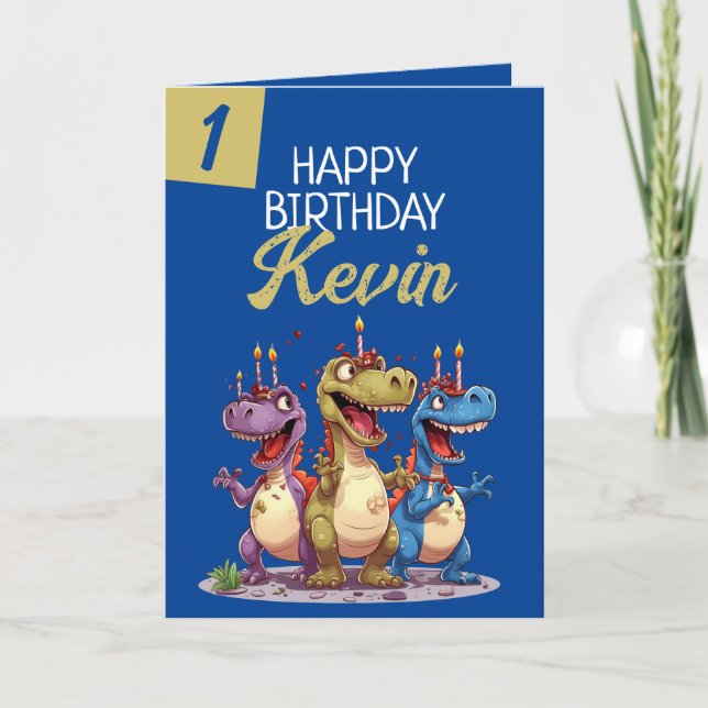 Carte Funny Blue & Green Candle Trex Garçon 1er annivers (Devant)