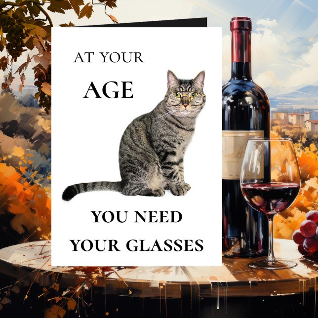 Carte Funny Cat Wine Glasses Birthday Greeting Card (A cute and funny birthday card featuring a cat with glasses on the front and wine glasses inside)