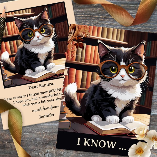Carte Funny Chat Books Beldate Anniversaire (Belated Birthday card featuring a cute kitty with glasses in a library or room with lots of books. )