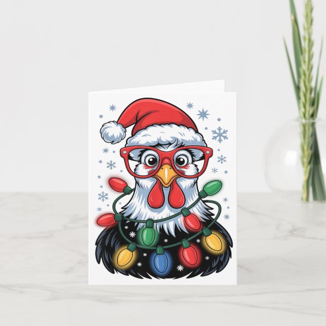 Carte Funny Chicken Christmas Tree Lights Santa Hat Xmas (Devant)