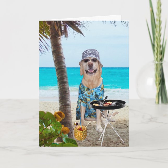 Carte Funny Chien/Lab en Chemise Hawaiienne sur la plage (Devant)