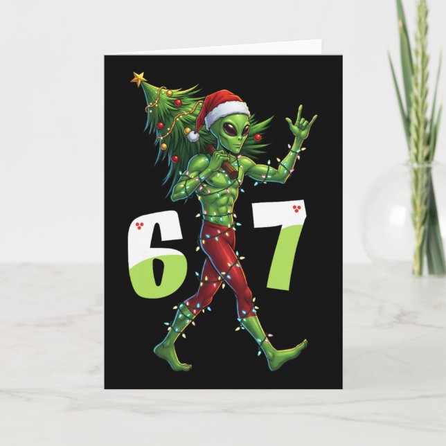 Carte Funny Christmas Alien Six Seven Meme 67 Santa Hat  (Devant)