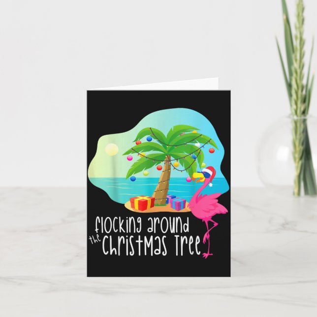 Carte Funny Flamingo Flocking Around The Christmas Tree  (Devant)
