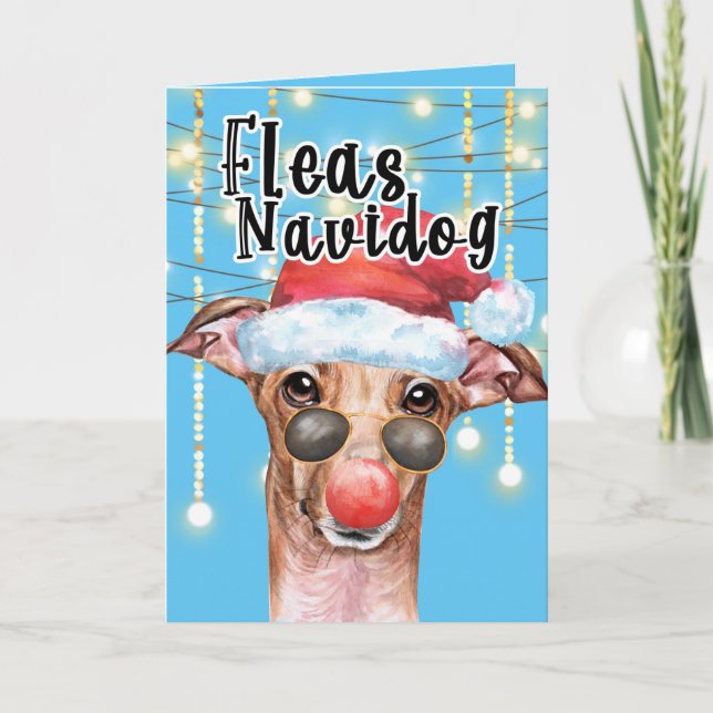 Carte Funny Greyhound Père Noël chien puces de Noël navi (Devant)