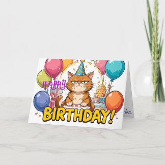 Carte Funny Grumpy Chat Birthday Card - Cartoon Party Hu