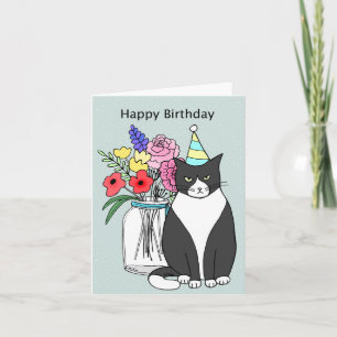 Carte Funny Grumpy Chat Noir et blanc Chat anniversaire