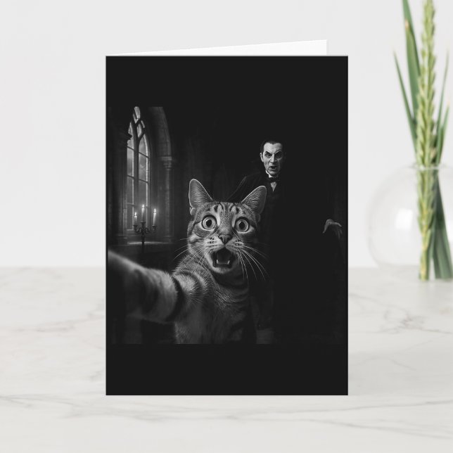 Carte Funny Halloween Surprised Ed Cat Selfie Dracula Va (Devant)
