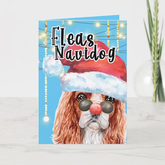 Carte Funny King Charles spaniel Noël puces navidog (Devant)