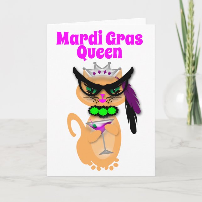 Carte Funny Mardi Gras Kitty Chat Queen (Devant)
