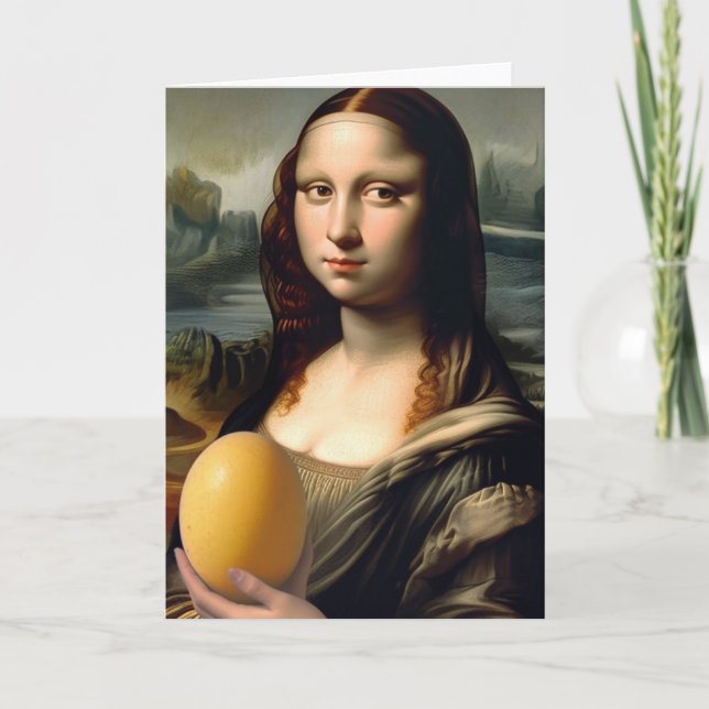 Carte Funny Mona Lisa tient un jaune d'oeuf (Devant)