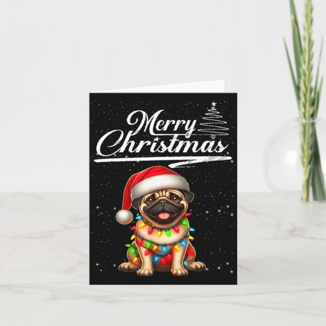 Carte Funny Pug Dog Christmas Lights Santa Hat Candy Can (Devant)