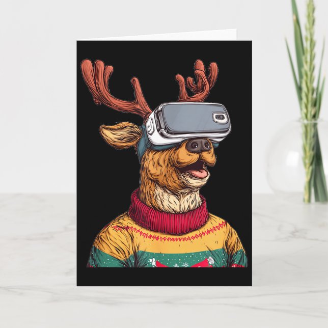 Carte Funny Reindeer In Christmas Sweater And Vr Headset (Devant)