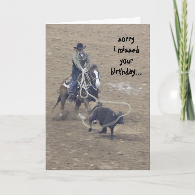 Carte Funny Rodeo Belated Anniversaire, (un peu attaché! (Devant)
