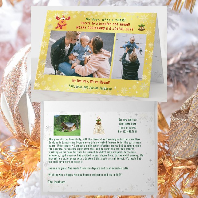 Carte Funny Rudolph Oh Deer Nous avons bougé 3 Photos Go (Funny Rudolph Oh deer what a year Christmas card. 3 Photos. We've Moved. Elegant, golden. Cute Snow
)