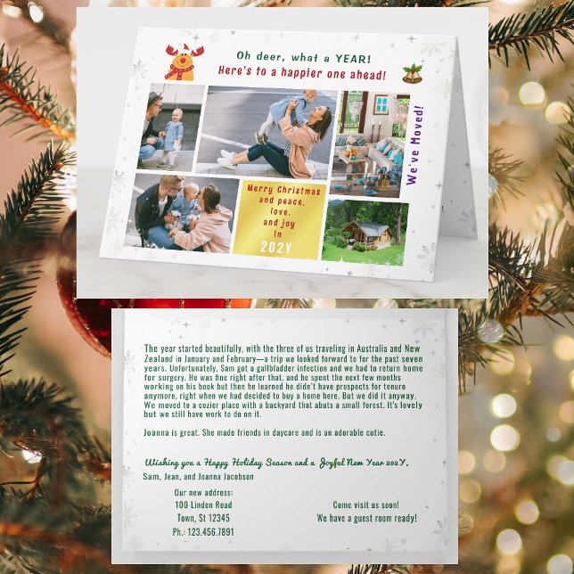 Carte Funny Rudolph Oh Deer Nous avons déplacé 5 photos  (Modern, elegant, funny Rudolph Xmas We've Moved Announcement. 5 Photos. Peace, Love, Joy. Snowflakes)