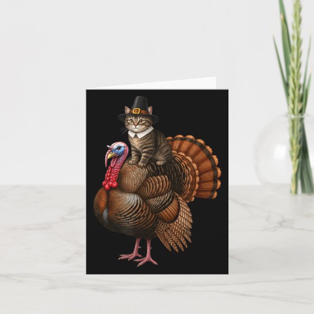 Carte Funny Thanksgiving Cat On Turkey, Lgrim Hat Turkey (Devant)