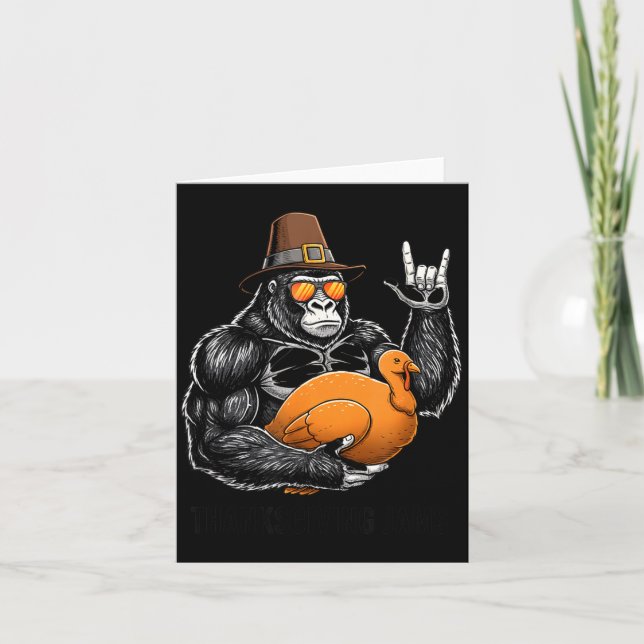 Carte Funny Thanksgiving Gorilla Holding Turkey Lgrim Ha (Devant)