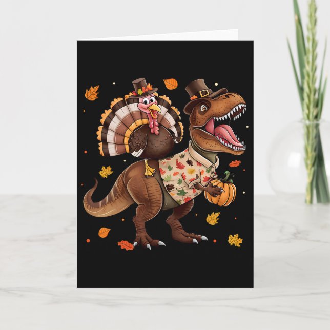 Carte Funny Turkey Riding Dinosaur T Rex Thanksgiving Bo (Devant)
