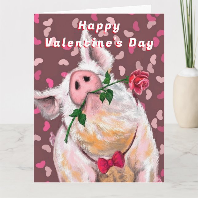 Carte Funny Valentine's Day Card Gentleman Pig Rose (Devant)