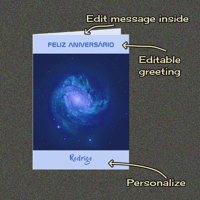 Carte Galaxie spirale en texte portugais bleu anniversai (Créateur téléchargé)