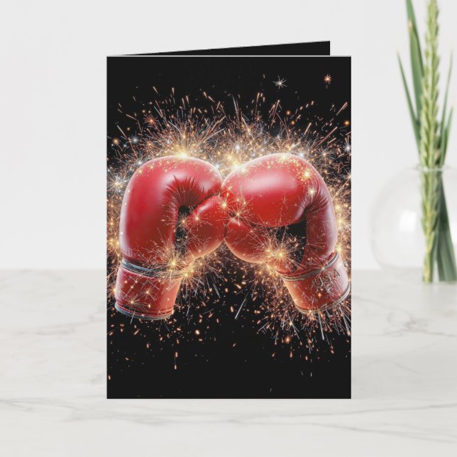 Carte Gants De Boxe Rouge Anniversaire En Feu D'Artifice (Devant)