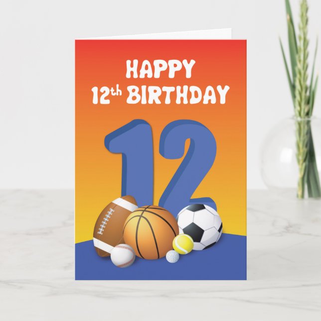 Carte Garçon 12e anniversaire des balles de sport (Devant)