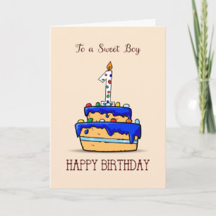 Carte Garçon 1er anniversaire, 1 sur le gâteau bleu doux