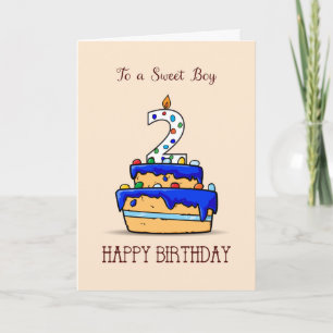 Carte Garçon 2e anniversaire, 2 sur le gâteau bleu doux