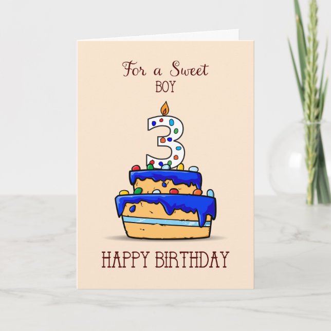 Carte Garçon 3e anniversaire, 3 sur Gâteau bleu doux (Devant)