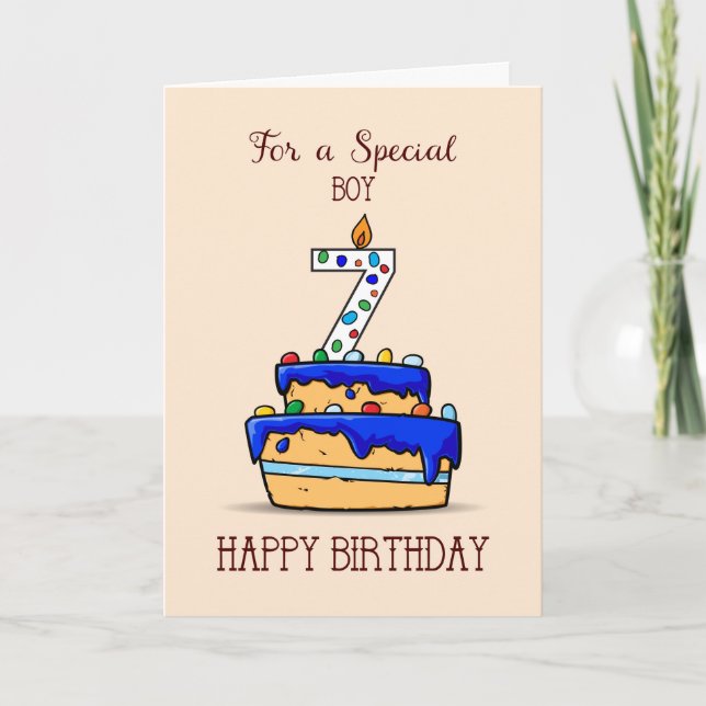 Carte Garçon 7e anniversaire, 7 sur Gâteau bleu doux (Devant)