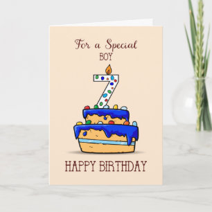Carte Garçon 7e anniversaire, 7 sur Gâteau bleu doux