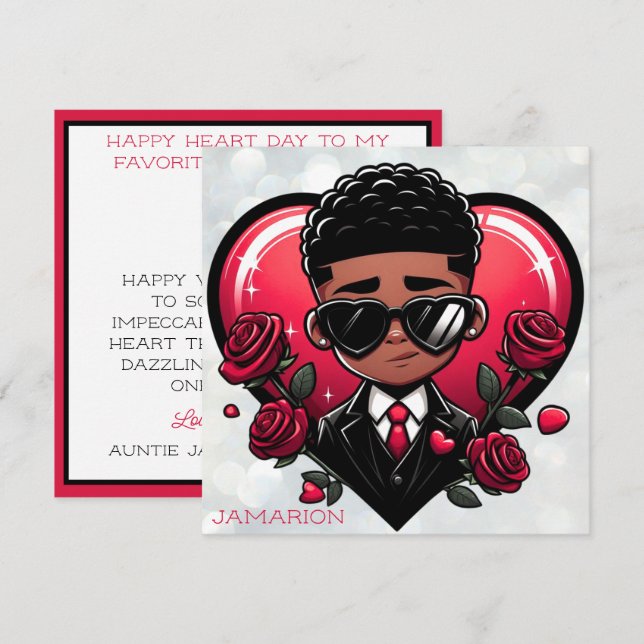 Carte Garçon afro-américain élégant Saint-Valentin cœur  (Devant / Derrière)