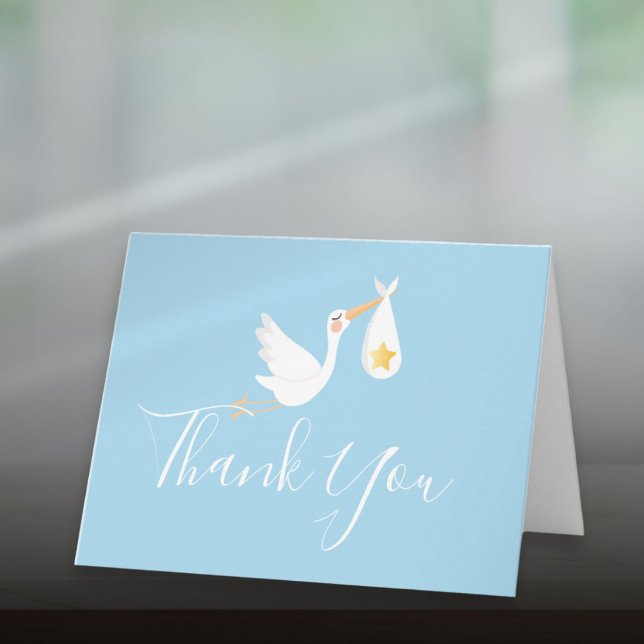 Carte Garçon Bébé Bleu Cigogne Étoile Dorée Script Merci (Baby Boy Blue Stork Gold Star Script Thank You Card)
