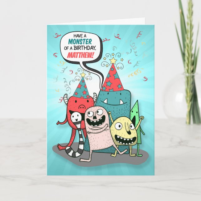 Carte Garçon Monstre Rouge et Turquoise avec Nom Anniver (Devant)