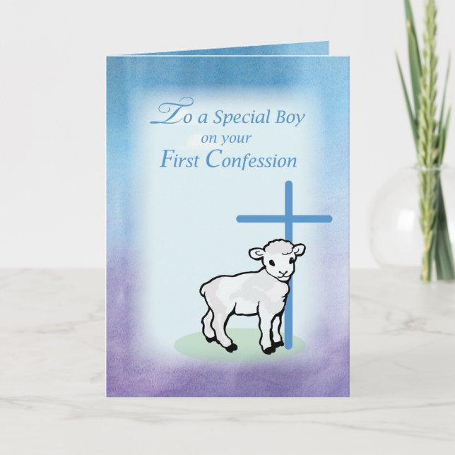 Carte Garçon Première confession, Agneau, Croix sur fond (Devant)