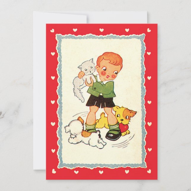 Carte Garçon vintage sauvant un chaton de chiots de cour (Devant)