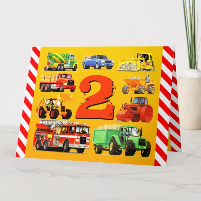 Carte Garçons 2e anniversaire Chariots de construction p (Devant)