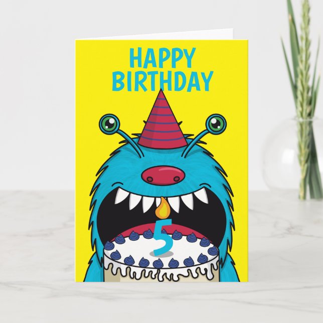 Carte Garçons 5e anniversaire Blue Monster mignonne (Devant)