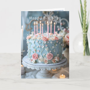 Carte Gâteau bleu Roses roses et bougies roses Joyeux an