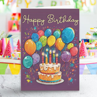Carte Gâteau Coloré Fête Ballons Anniversaire