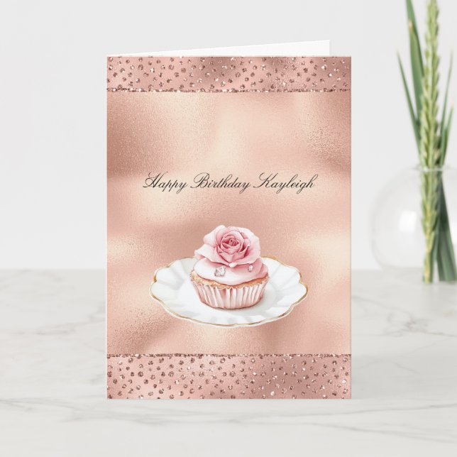 Carte Gâteau Cupcake Rose Foncé Anniversaire Pailletté G (Devant)