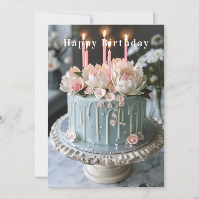 Carte Gâteau d'anniversaire bleu et blanc Fleurs roses B (Devant)