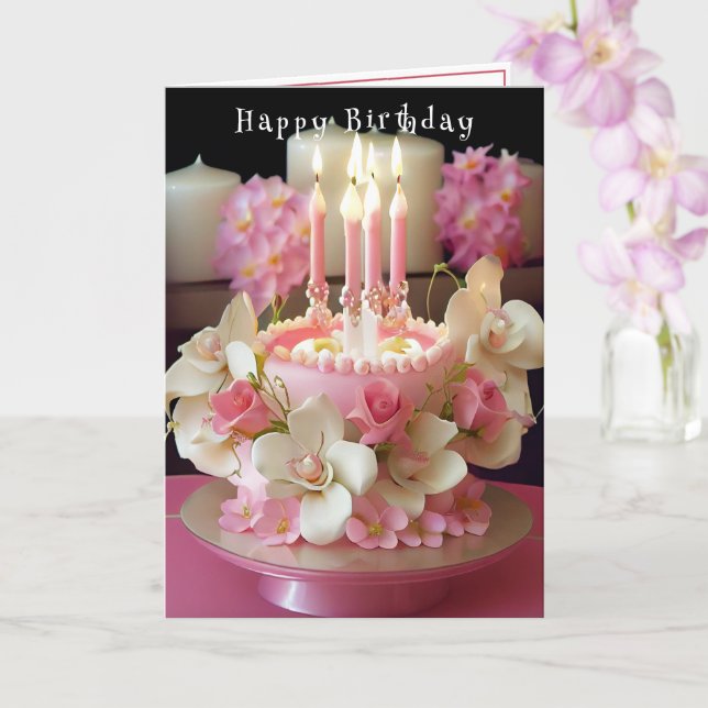 Carte Gâteau d'anniversaire bougies roses Belles Fleurs (Orchidée)