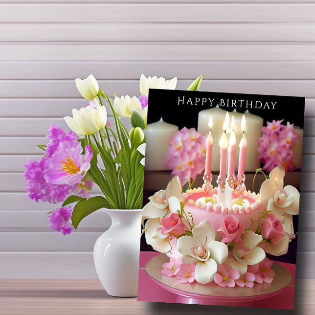 Carte Gâteau d'anniversaire bougies roses Belles Fleurs (Créateur téléchargé)