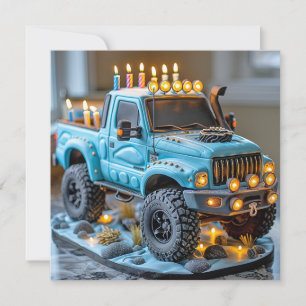 Carte Gâteau d'anniversaire Camion Bleu Bougies Phares 