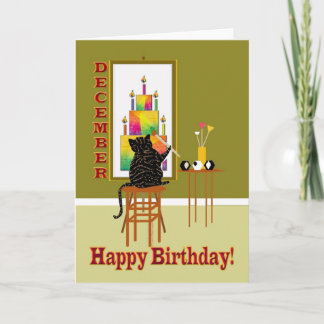 Carte Gâteau d'anniversaire de peinture de chat DÉCEMBRE
