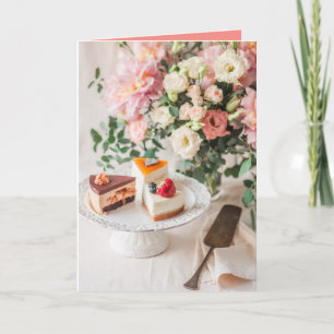Carte Gâteau d'anniversaire élégant et bouquet de fleurs