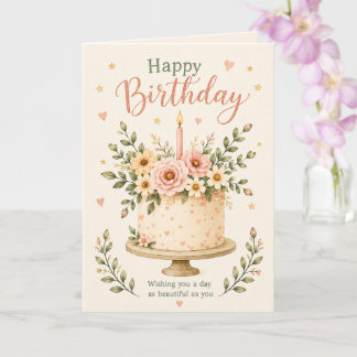 Carte Gâteau d'anniversaire floral aquarelle Boho