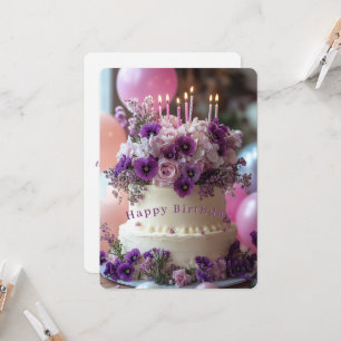Carte Gâteau d'anniversaire Hydrangea Pansies Violettes