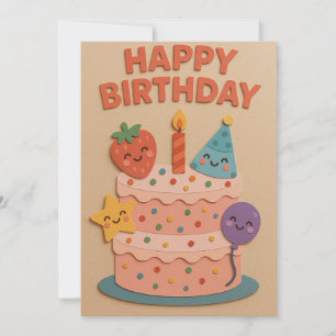 Carte Gâteau d'anniversaire mignon et souriant
